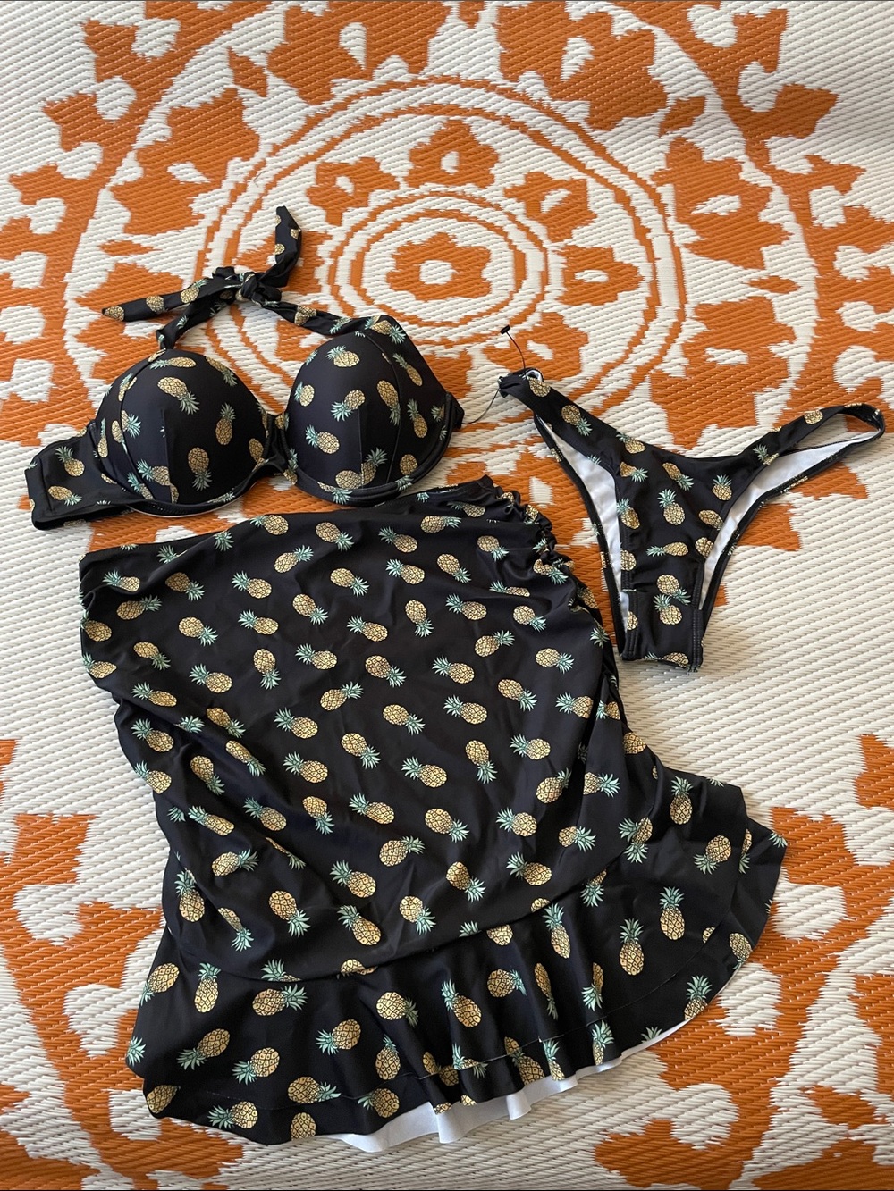 SHEIN Black Pineapple Print Bandeau Swim Set with Tankini Skirt